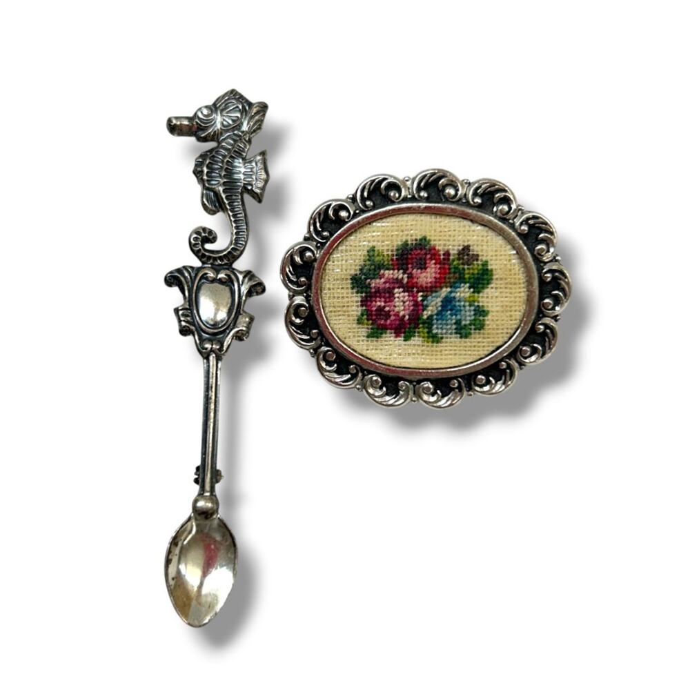2 Silvertone Pin Brooches Crossstitch 1.25" Seahorse Spoon 3.25"